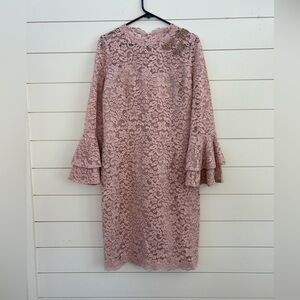 Teri Jon Dusty Rose Lace Bell-Sleeve Shift Dress